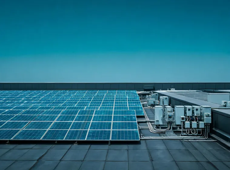 Solar installation team reviewing photovoltaic equipment on a commercial roof